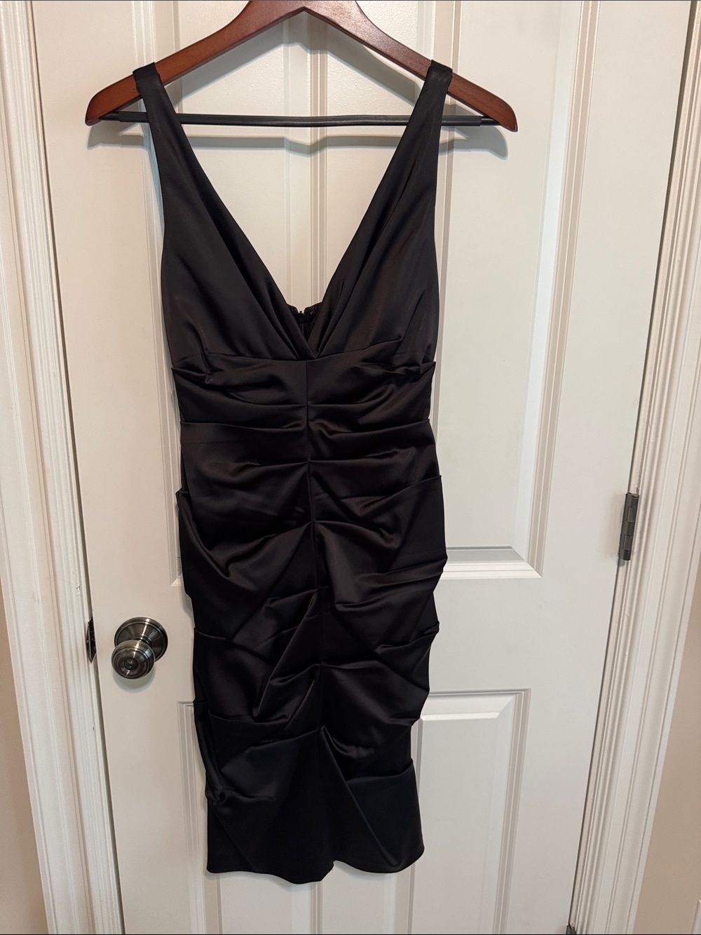 Xscape Black Ruched V-Neck Mini Dress